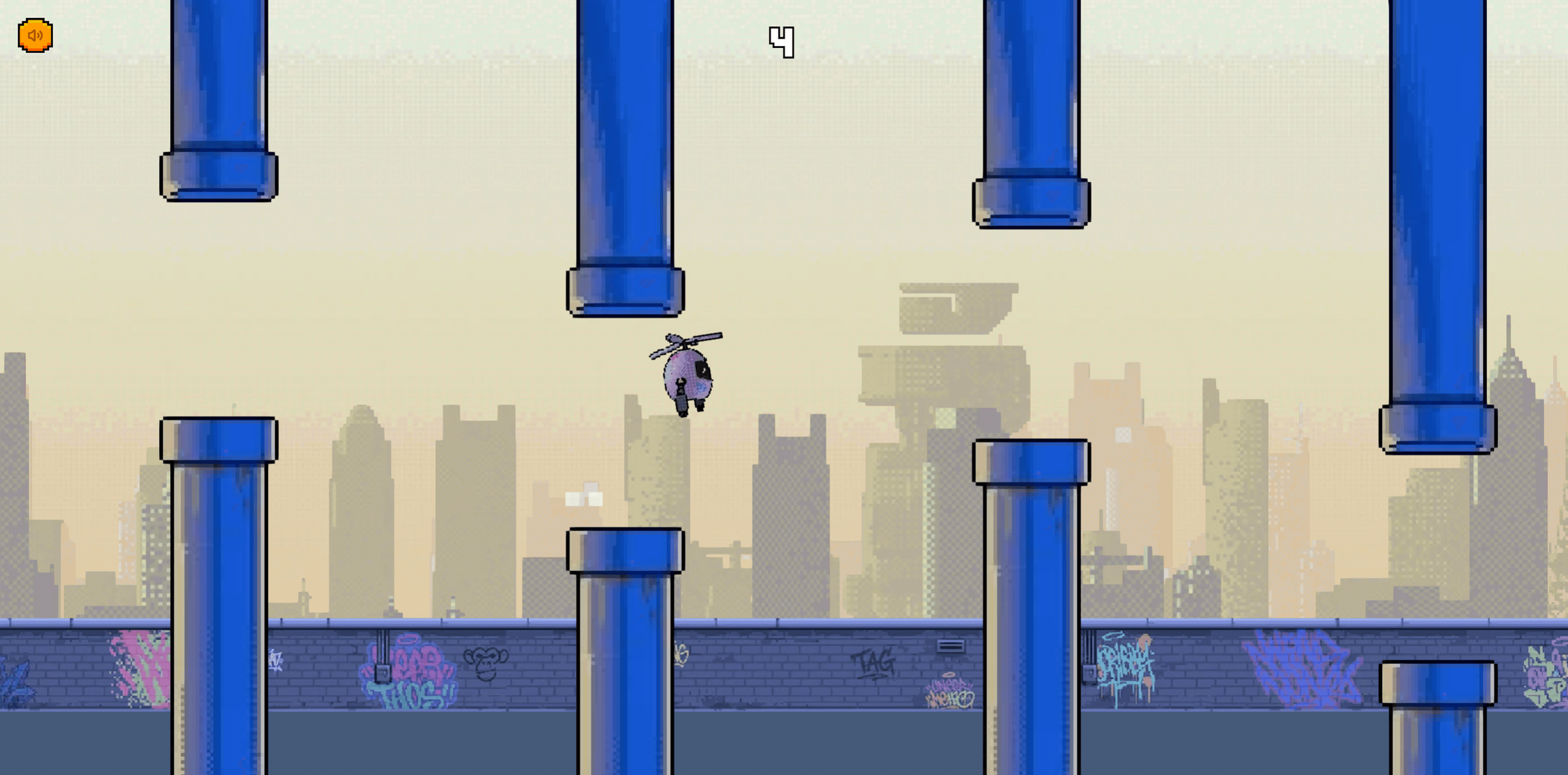 Flappy Scrap gameplay through a city skyline