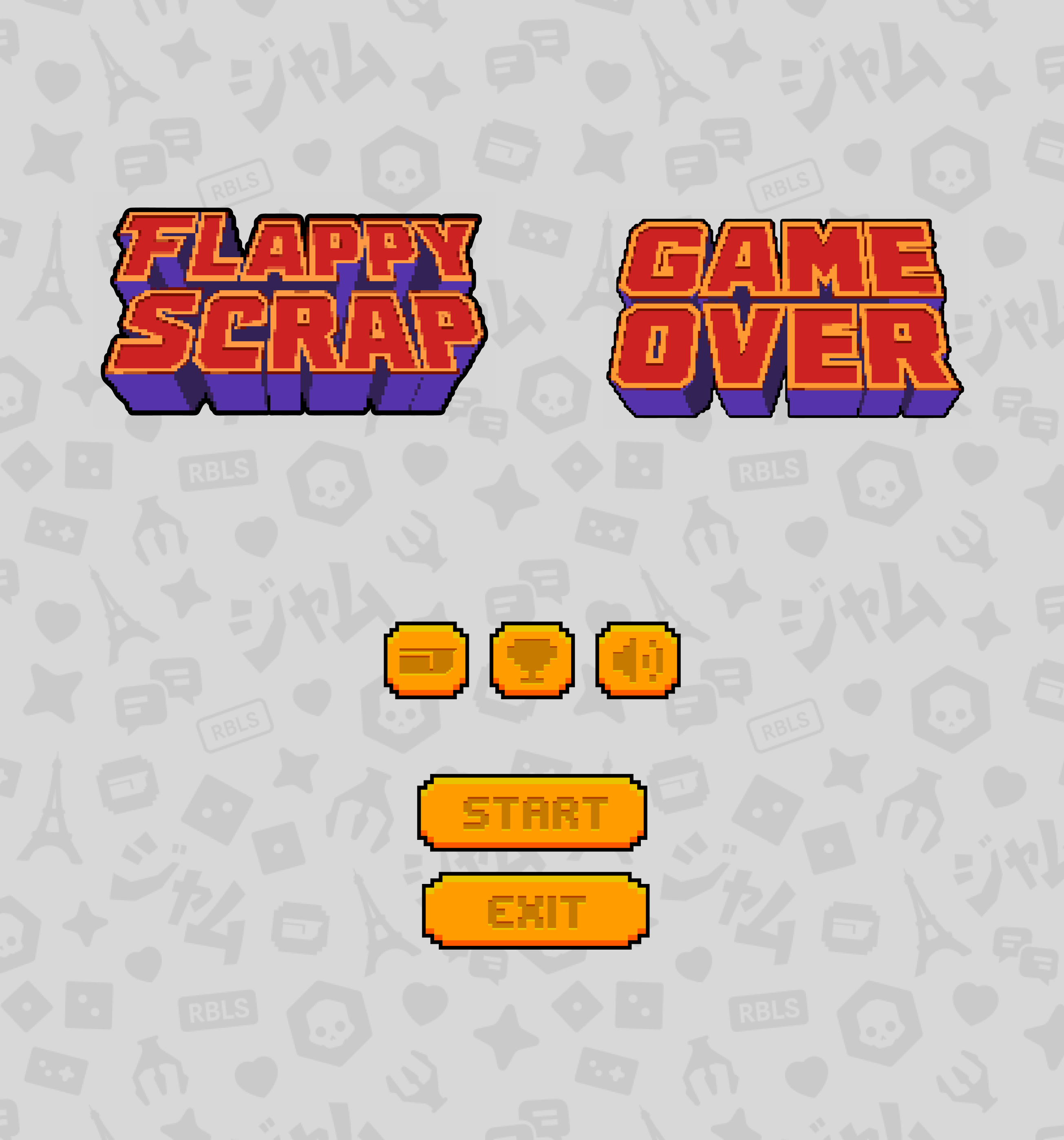 Flappy Scrap title, game-over state, controls, and buttons