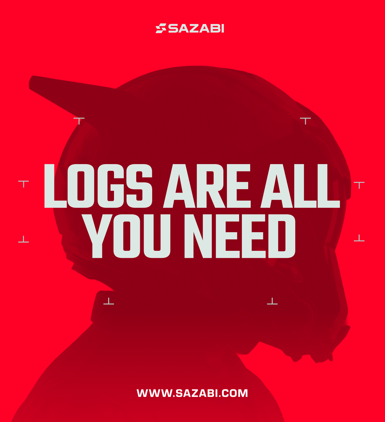 Poster reading “Logs are all you need” over a mecha helmet silhouette on red