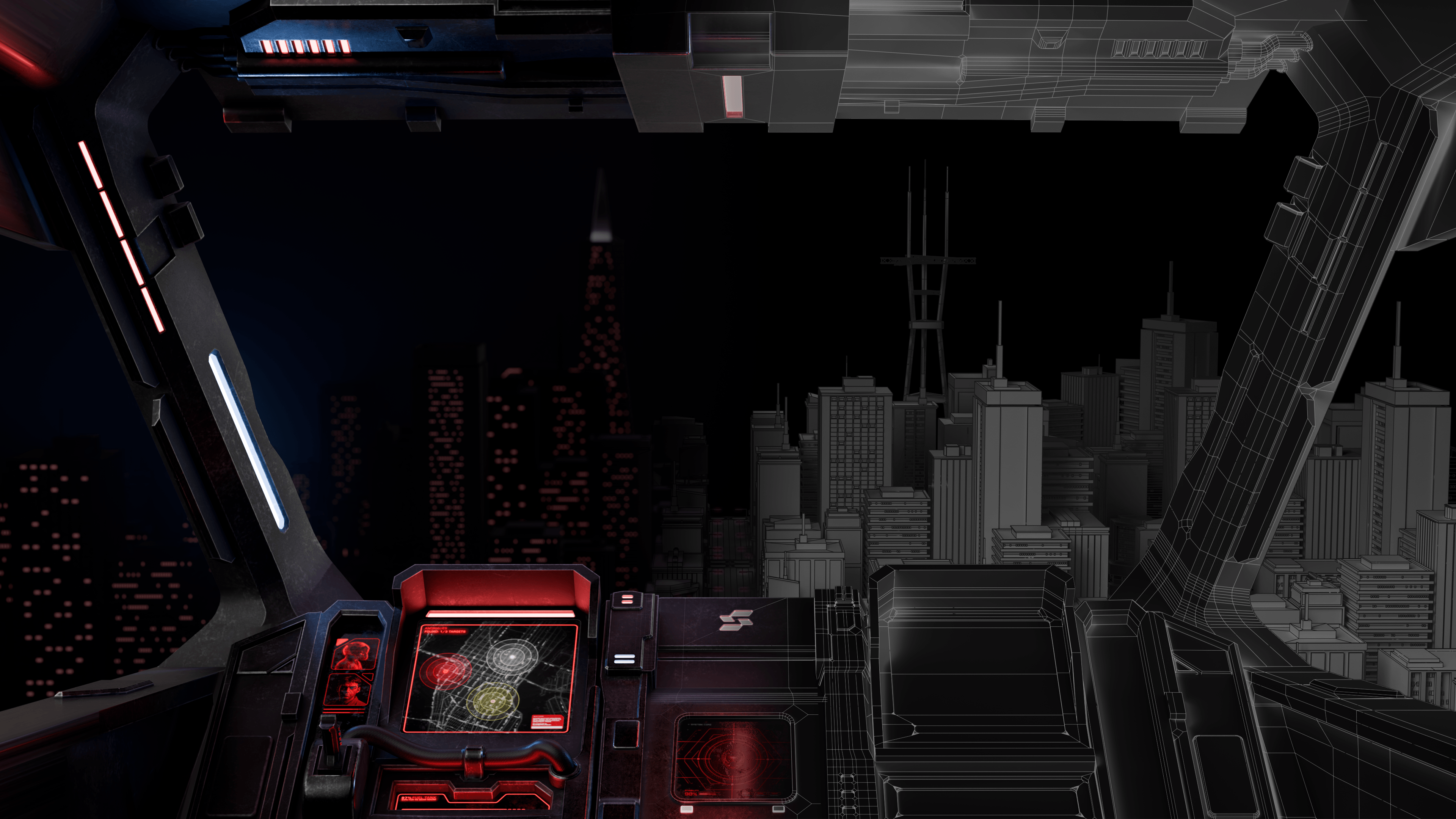 The home page cockpit scene, rendered on the left and shown as a wireframe on the right