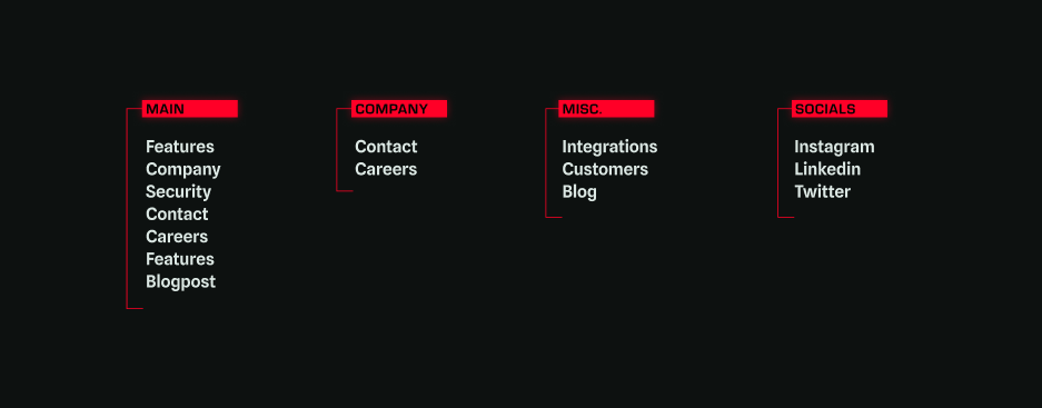 Footer navigation columns labelled Main, Company, Misc and Socials