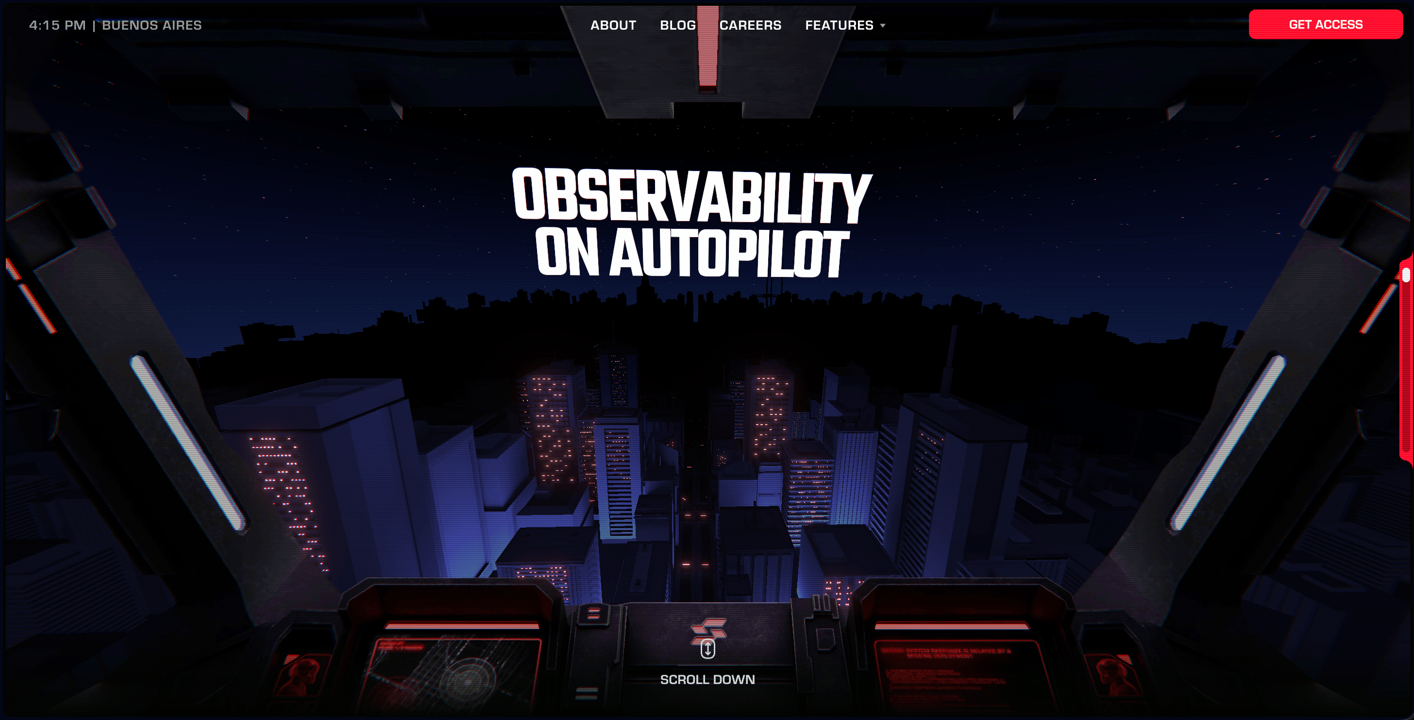 Sazabi home page: a night city seen from inside a mecha cockpit under the line “Observability on autopilot”
