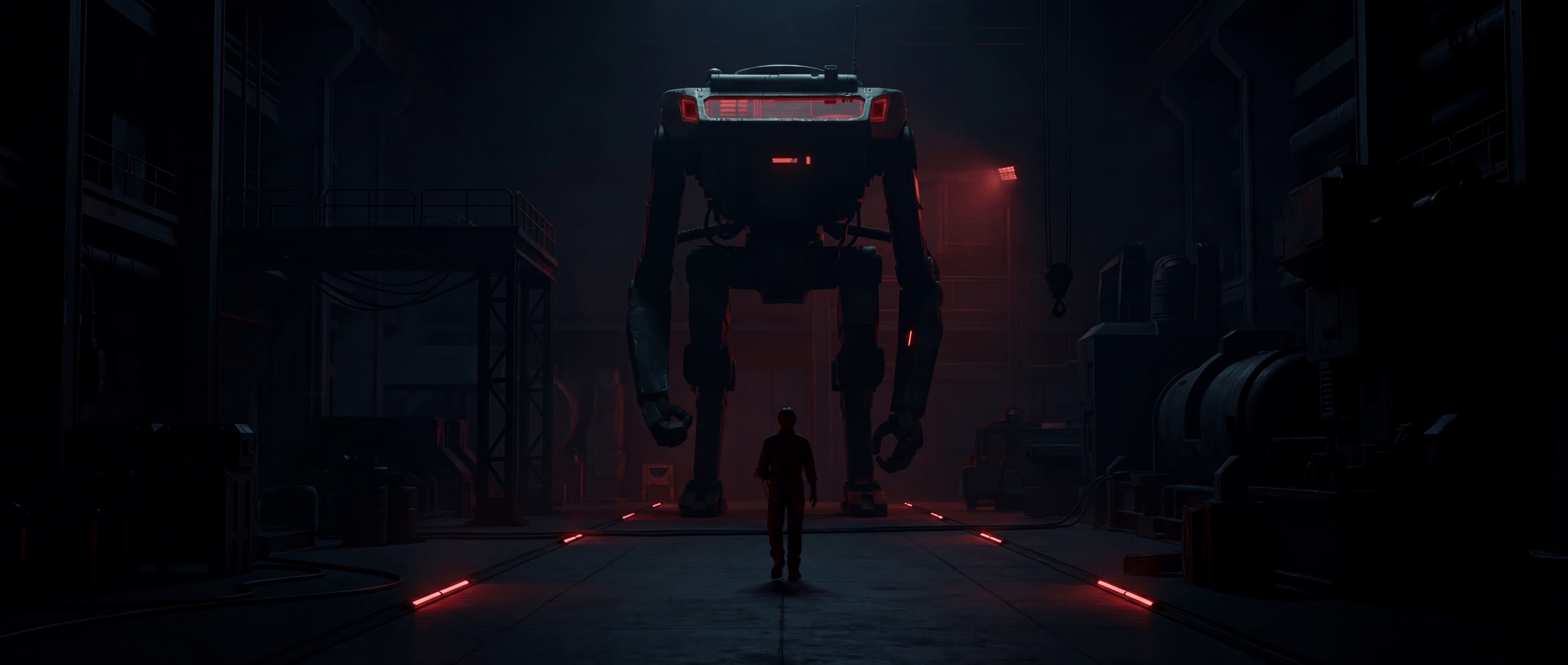 The Sazabi mecha standing in a dark hangar with a pilot walking toward it