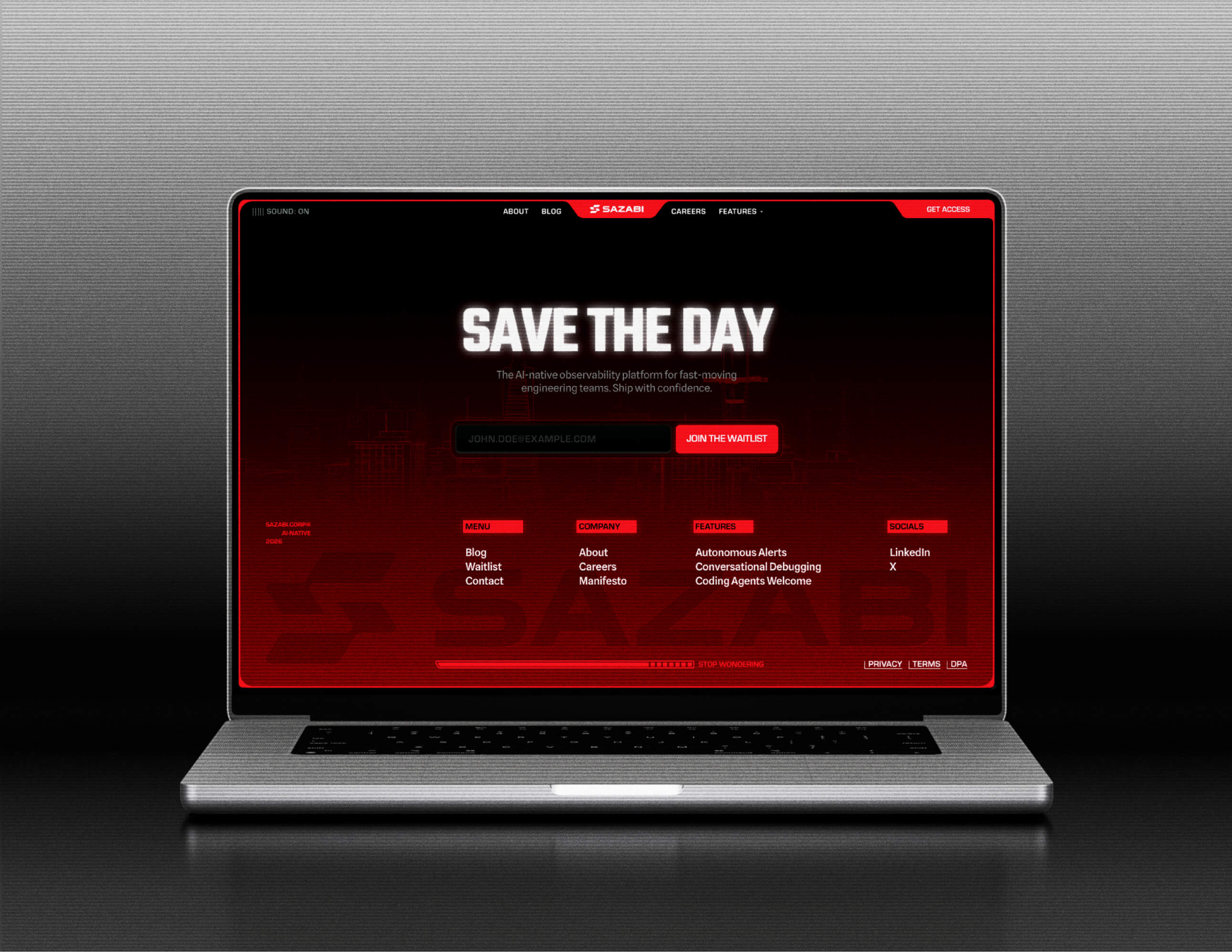 Laptop showing the Sazabi footer: “Save the day” above the waitlist form
