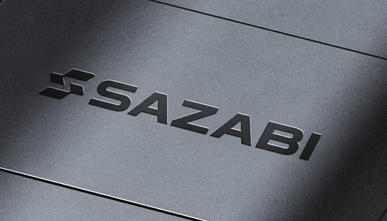 Sazabi wordmark embossed in brushed metal