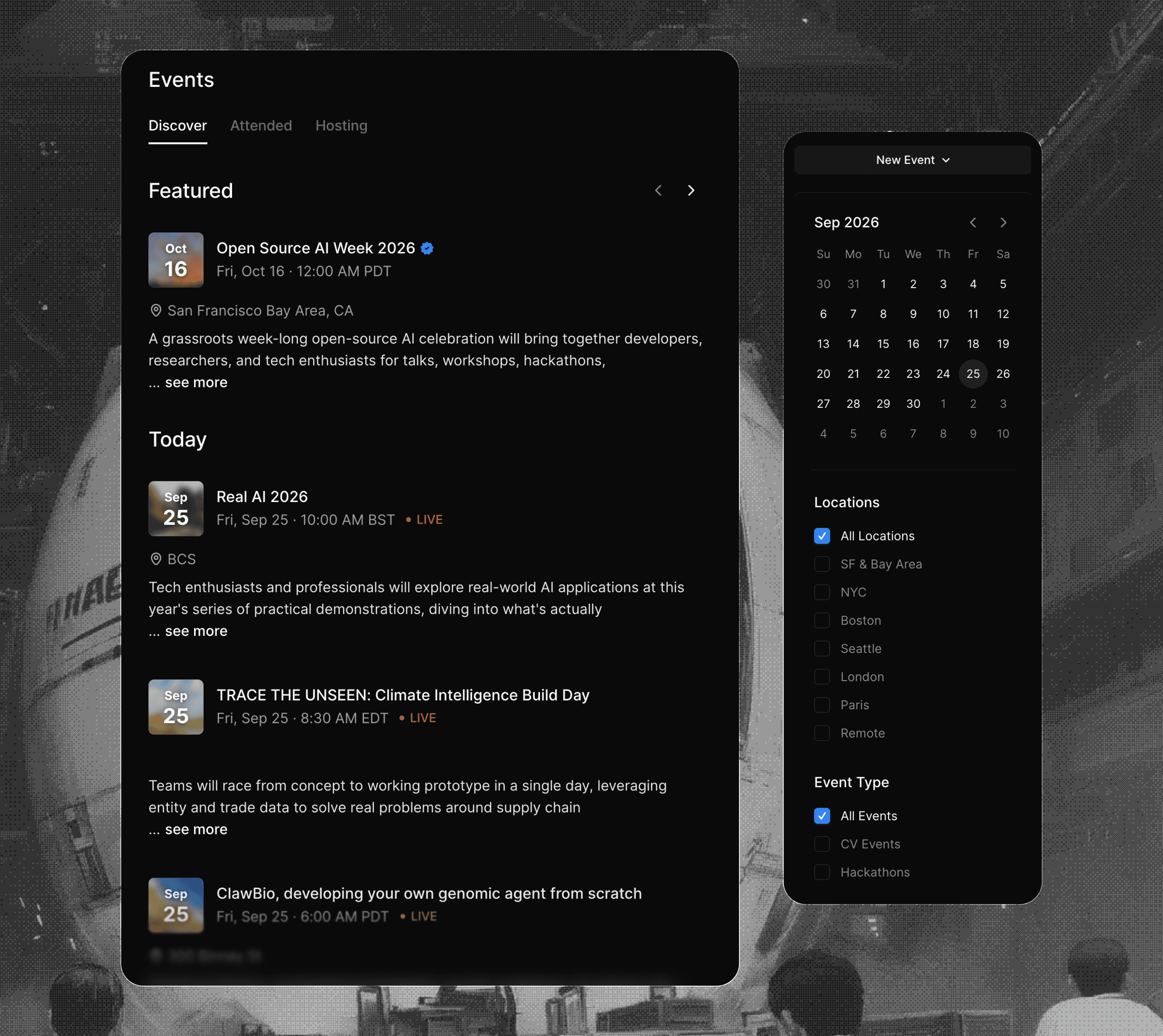 Cerebral Valley events feed with date and location filters