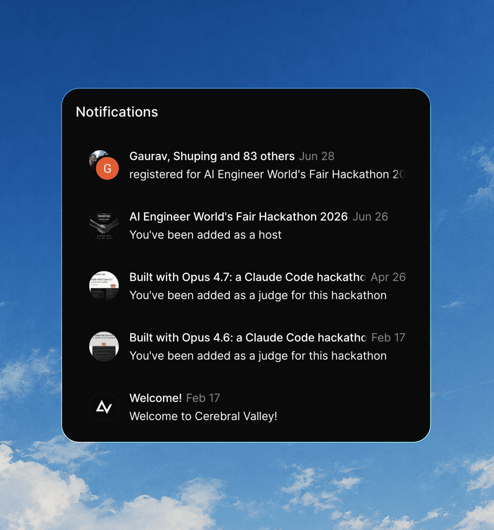 Cerebral Valley notifications for event registrations and host invitations