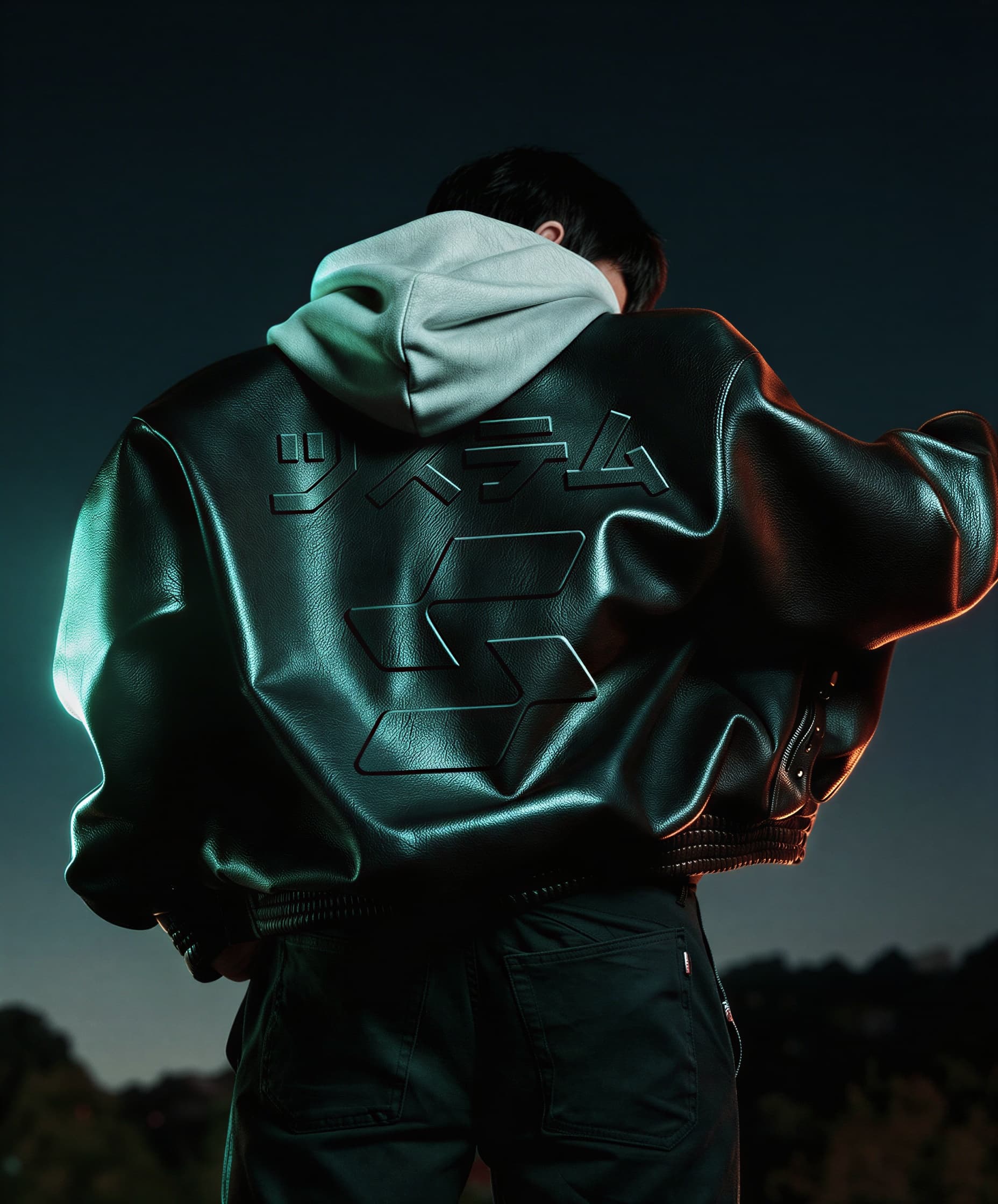 Mockup of a person wearing a jacket with the Sazabi mark and katakana embossed on the back