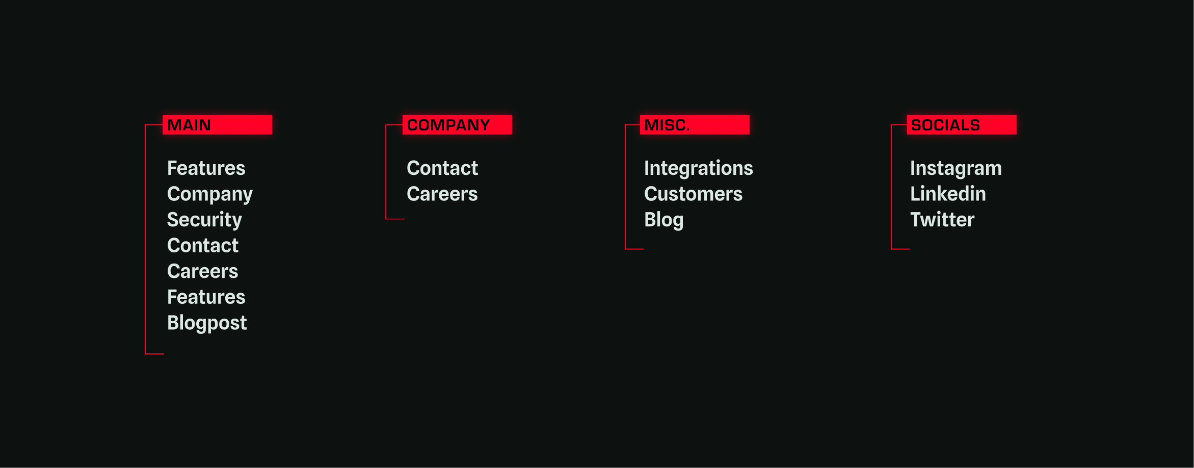 Footer navigation columns labelled Main, Company, Misc and Socials