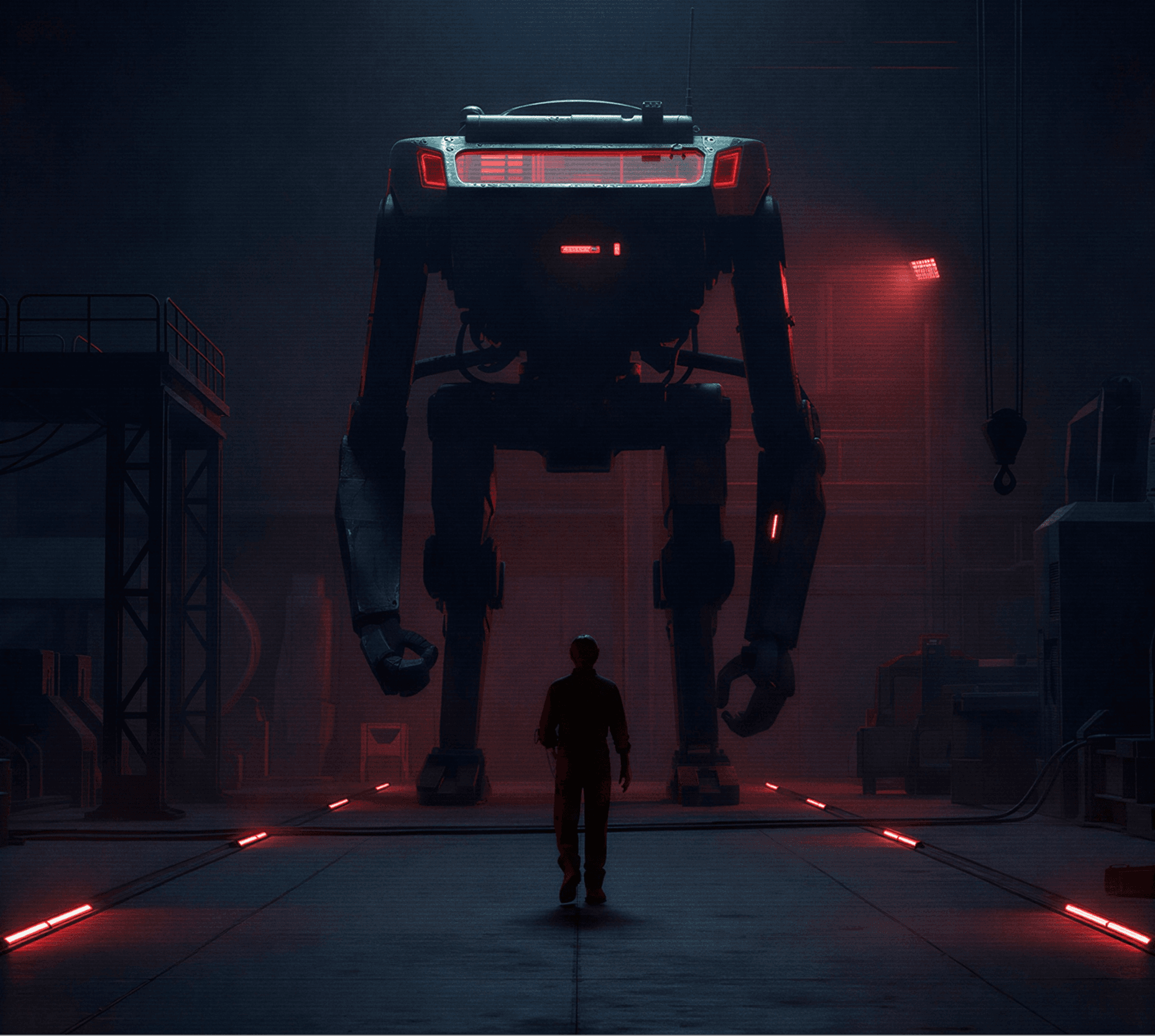 The Sazabi mecha standing in a dark hangar with a pilot walking toward it