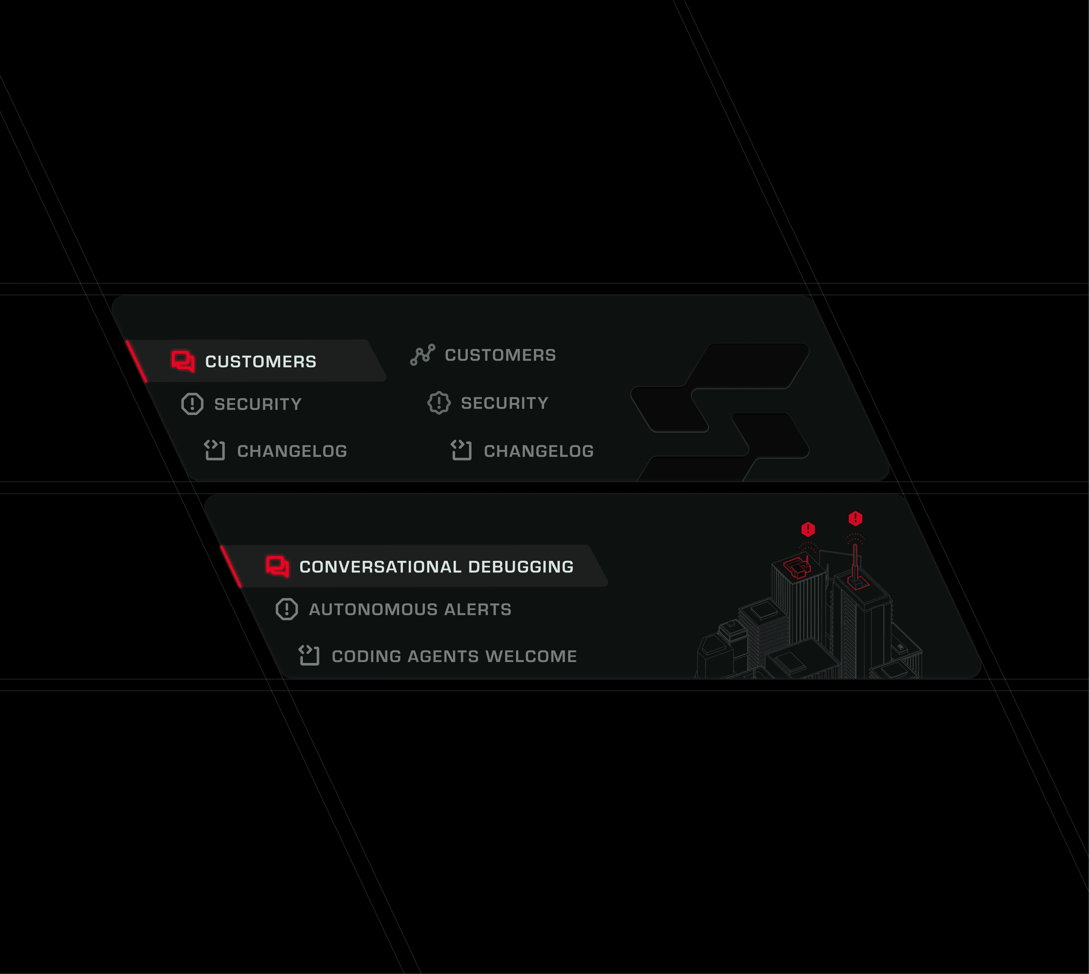 Sazabi navigation concepts for customers, security, changelog and debugging sections