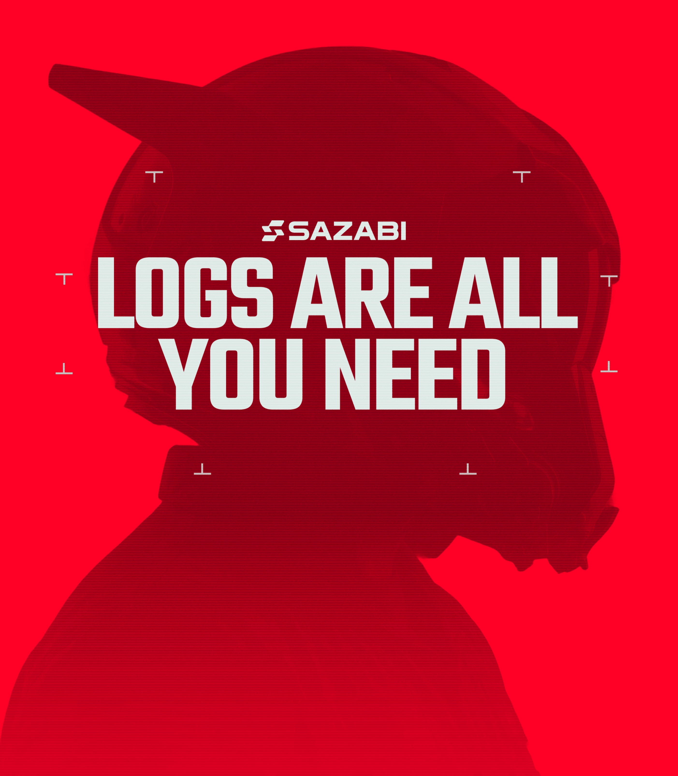 Poster reading “Logs are all you need” over a mecha helmet silhouette on red