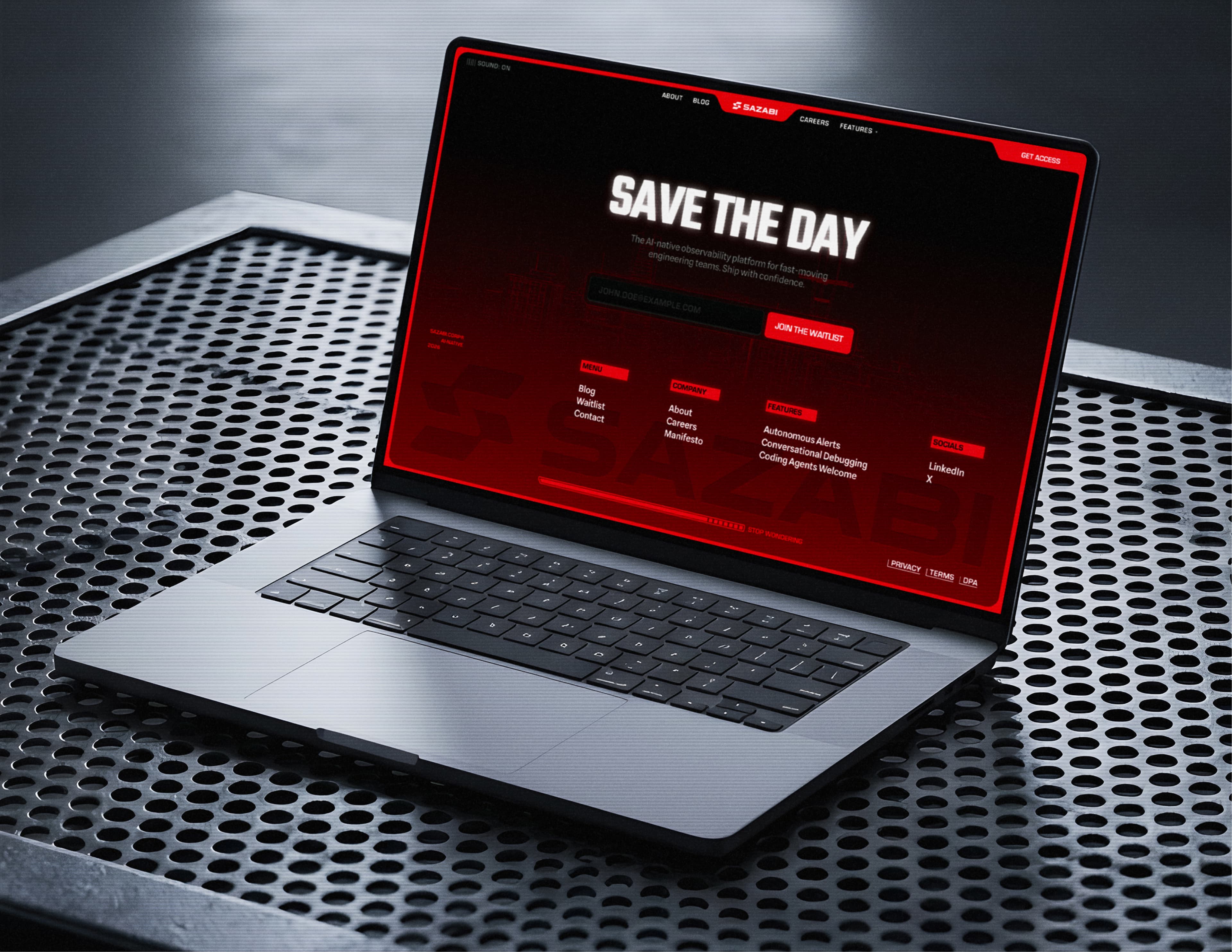 Laptop showing the Sazabi footer: “Save the day” above the waitlist form