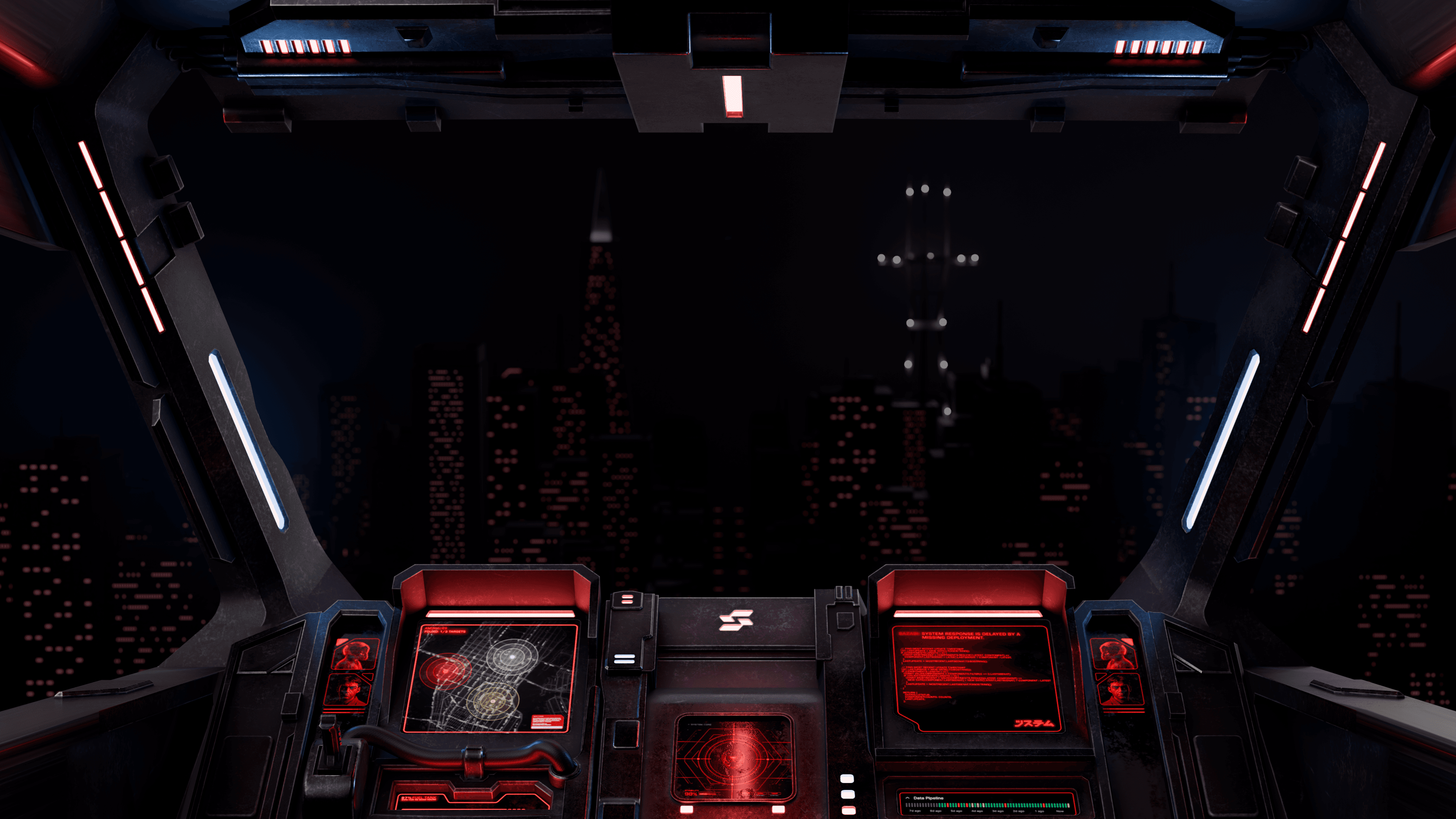 Final Sazabi cockpit render with metallic surfaces, red console screens and city lights