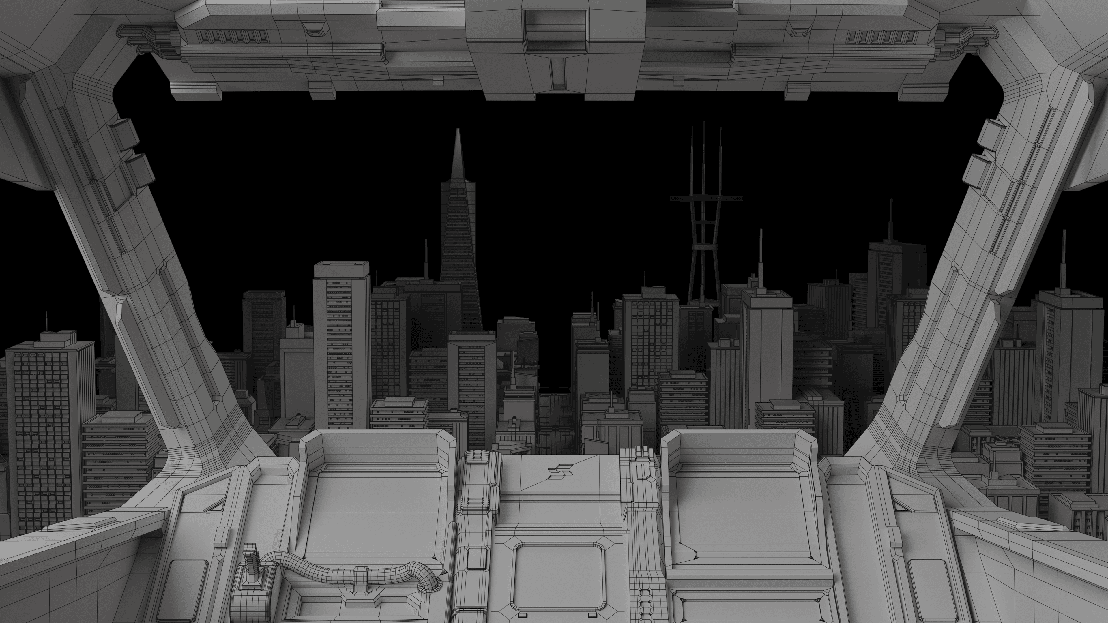 Untextured wireframe of the Sazabi cockpit overlooking the city