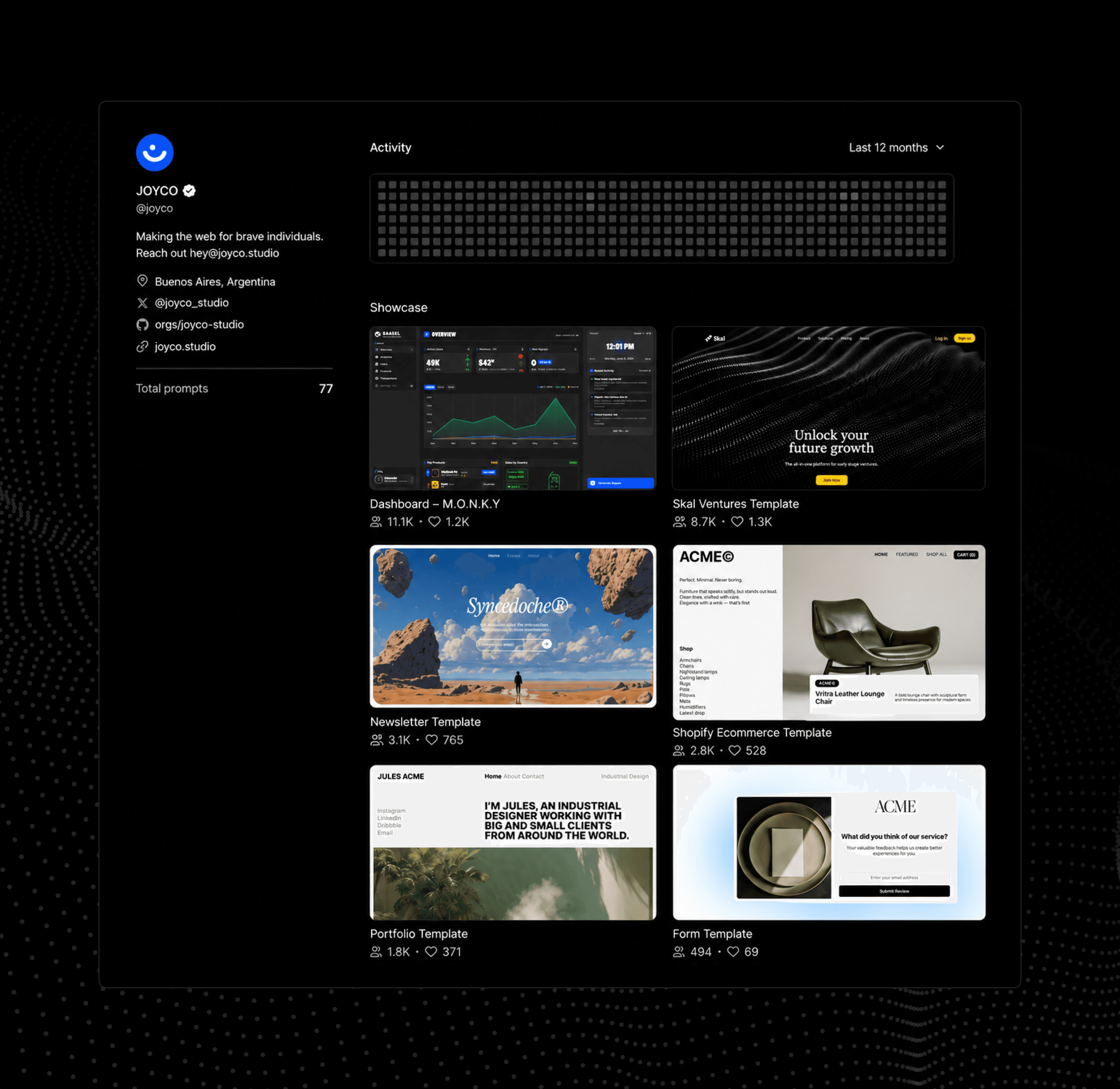 JOYCO profile on v0 listing the published templates with their view and like counts