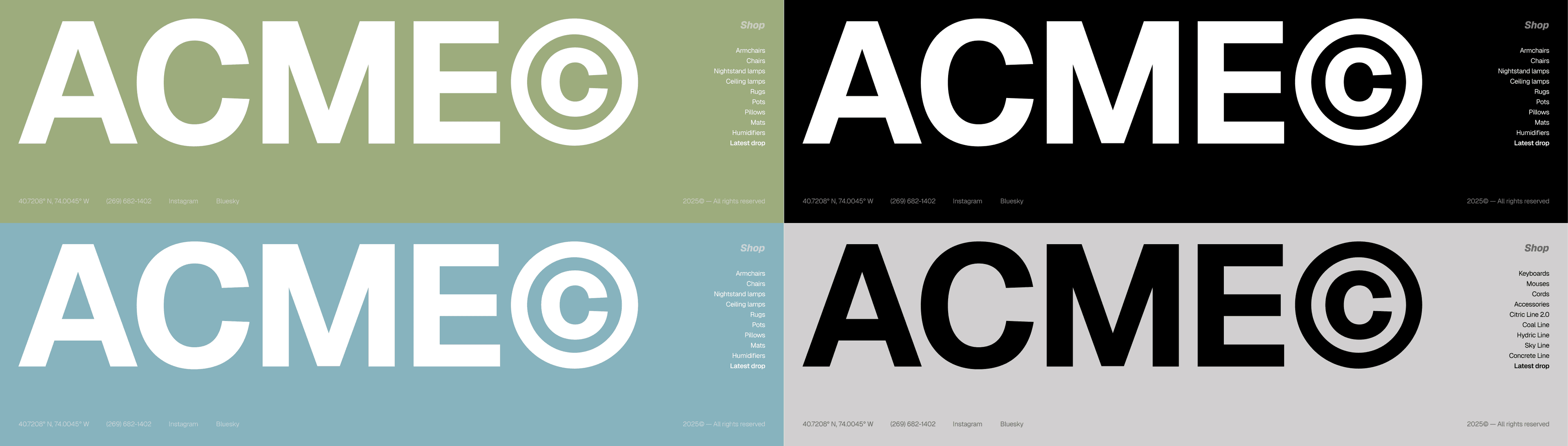 Four ACME footer lockups in green, black, blue and grey colourways