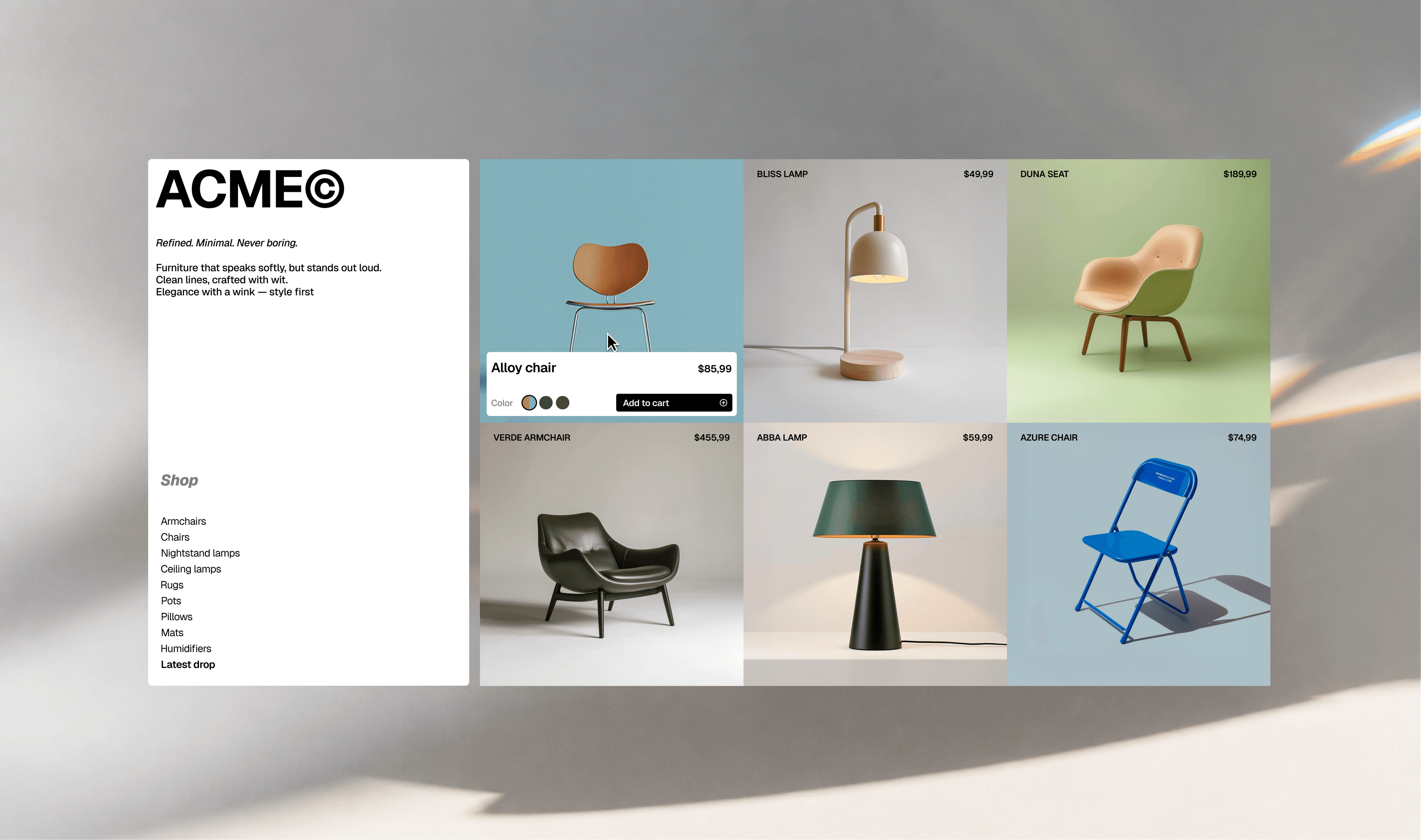 ACME storefront template with a shop sidebar and a product grid of chairs and lamps
