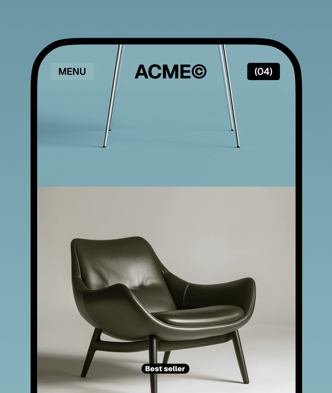 ACME template on mobile with the menu bar over a product photo of an olive armchair