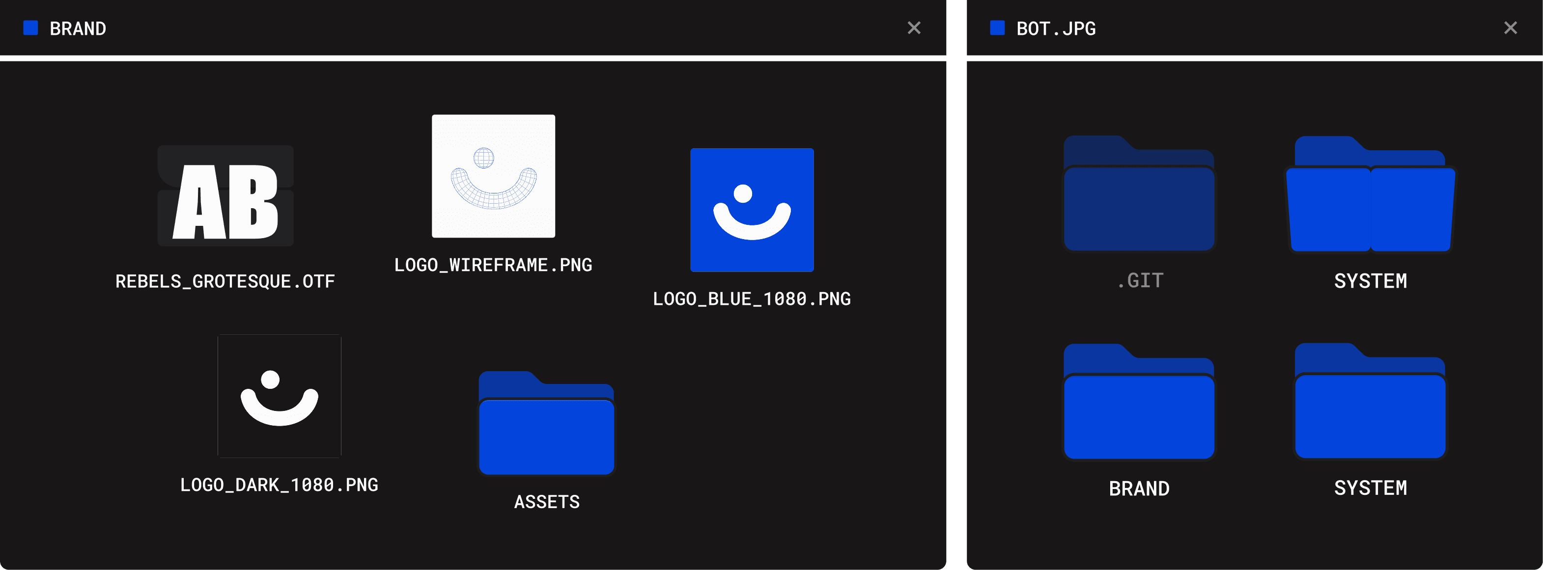Brand and bot asset folders holding the Rebels typeface, logo files and system directories