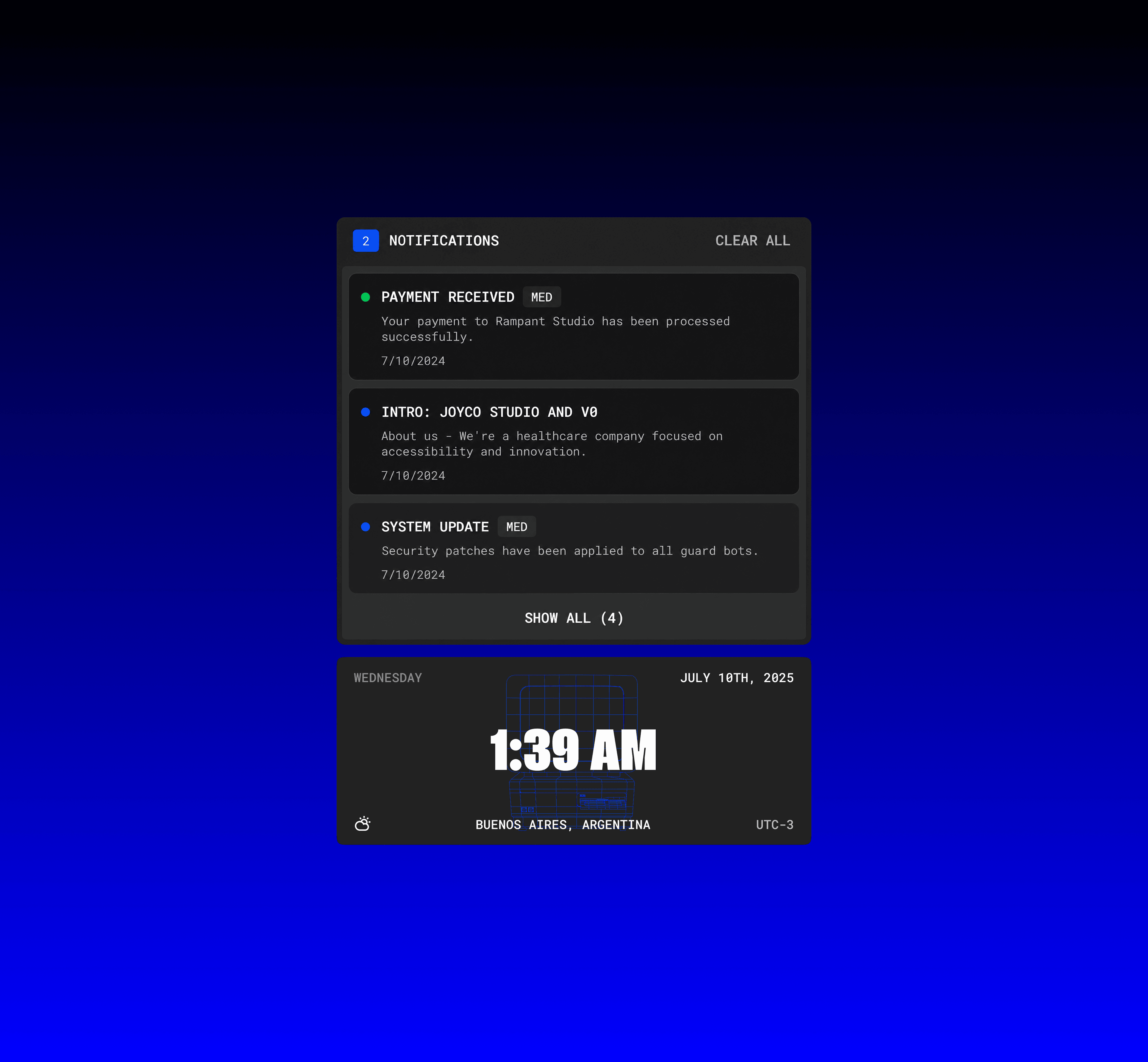Notifications and clock panels over a blue gradient