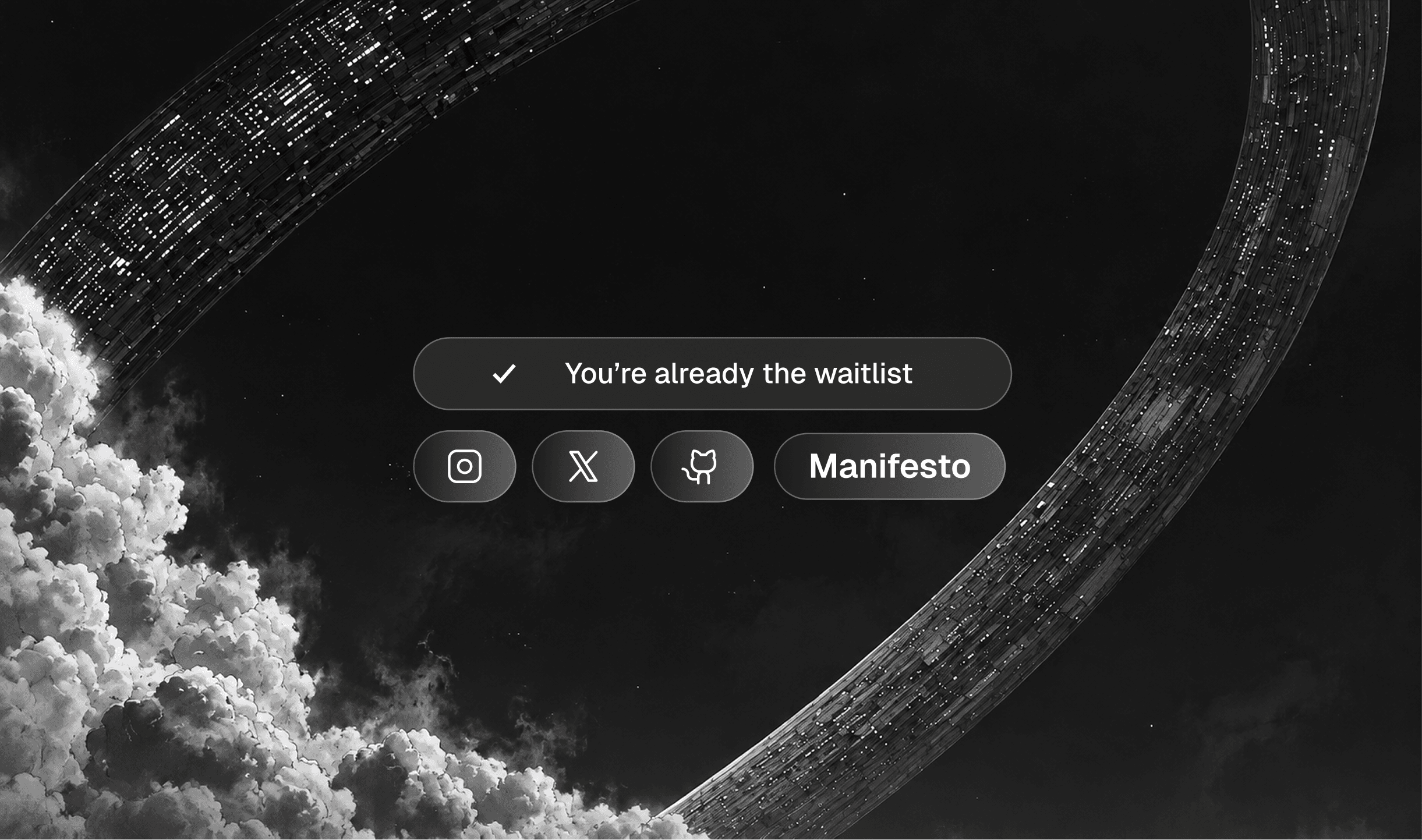 Waitlist confirmation and social buttons over a monochrome orbital ring
