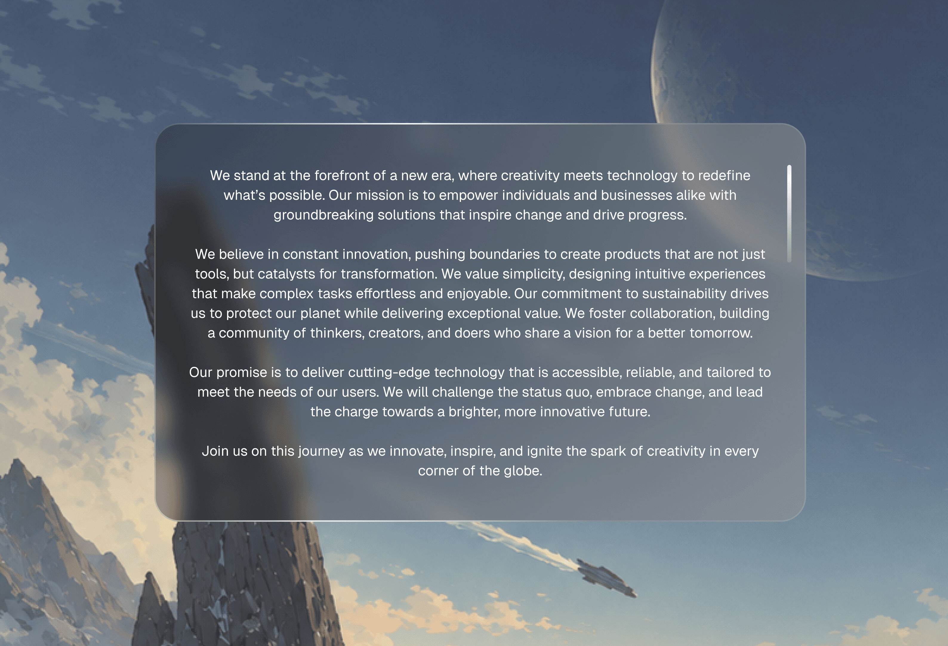 Manifesto panel floating over an illustrated sky