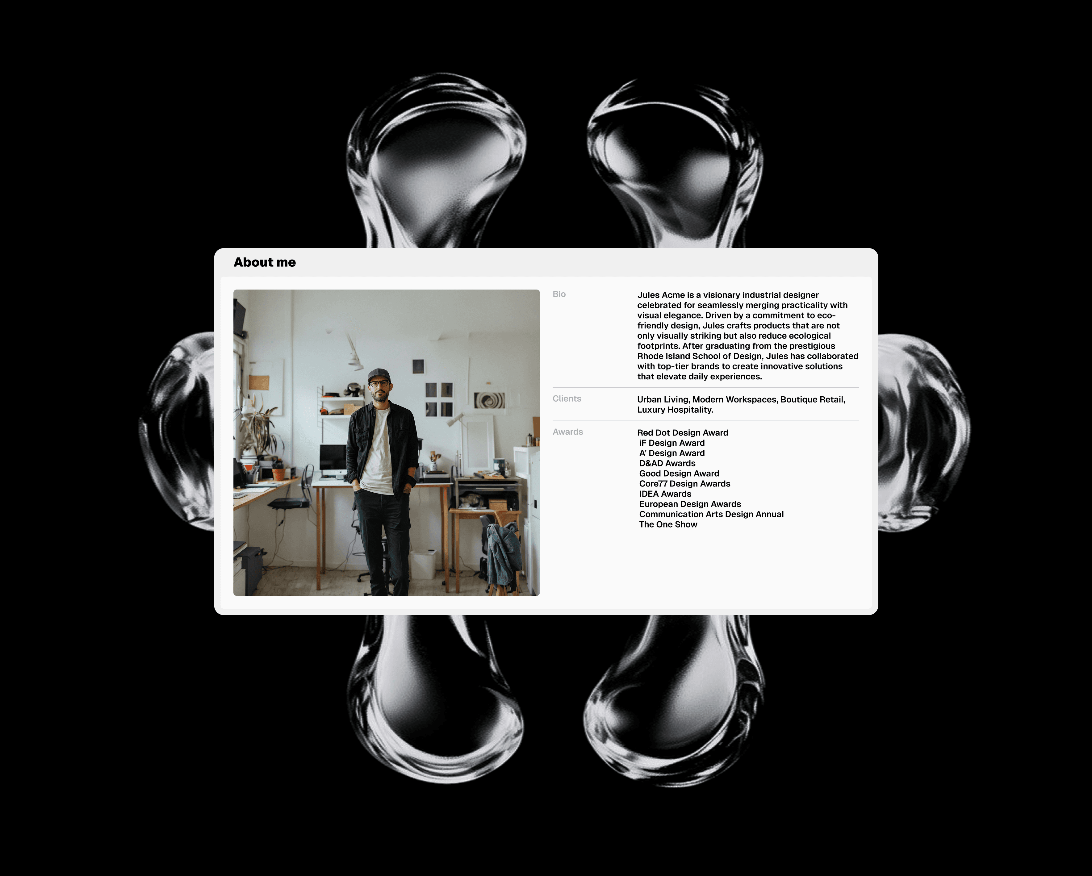 About me panel with a studio portrait, surrounded by chrome blobs on black