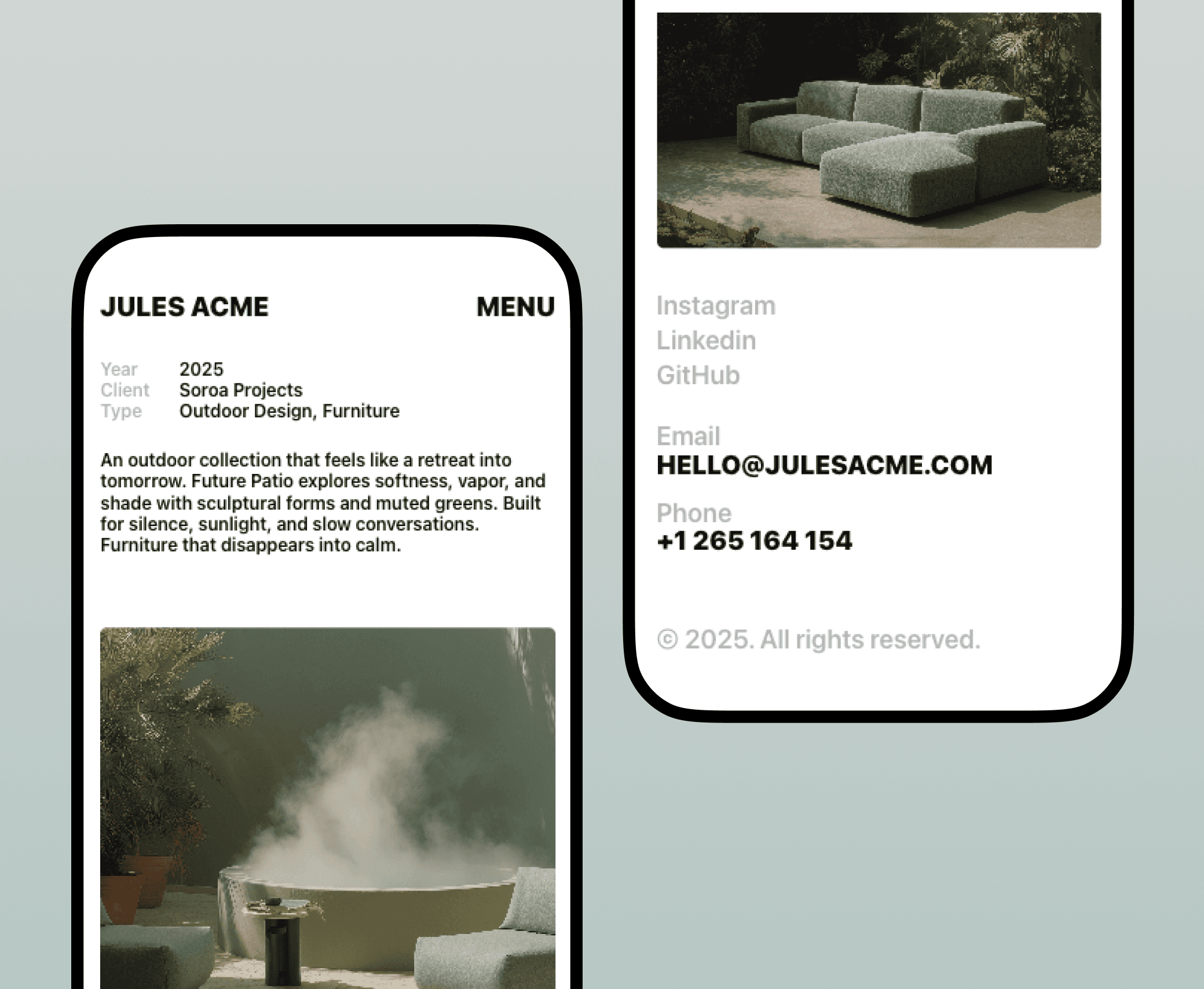 Jules Acme template on mobile beside its contact and footer panel