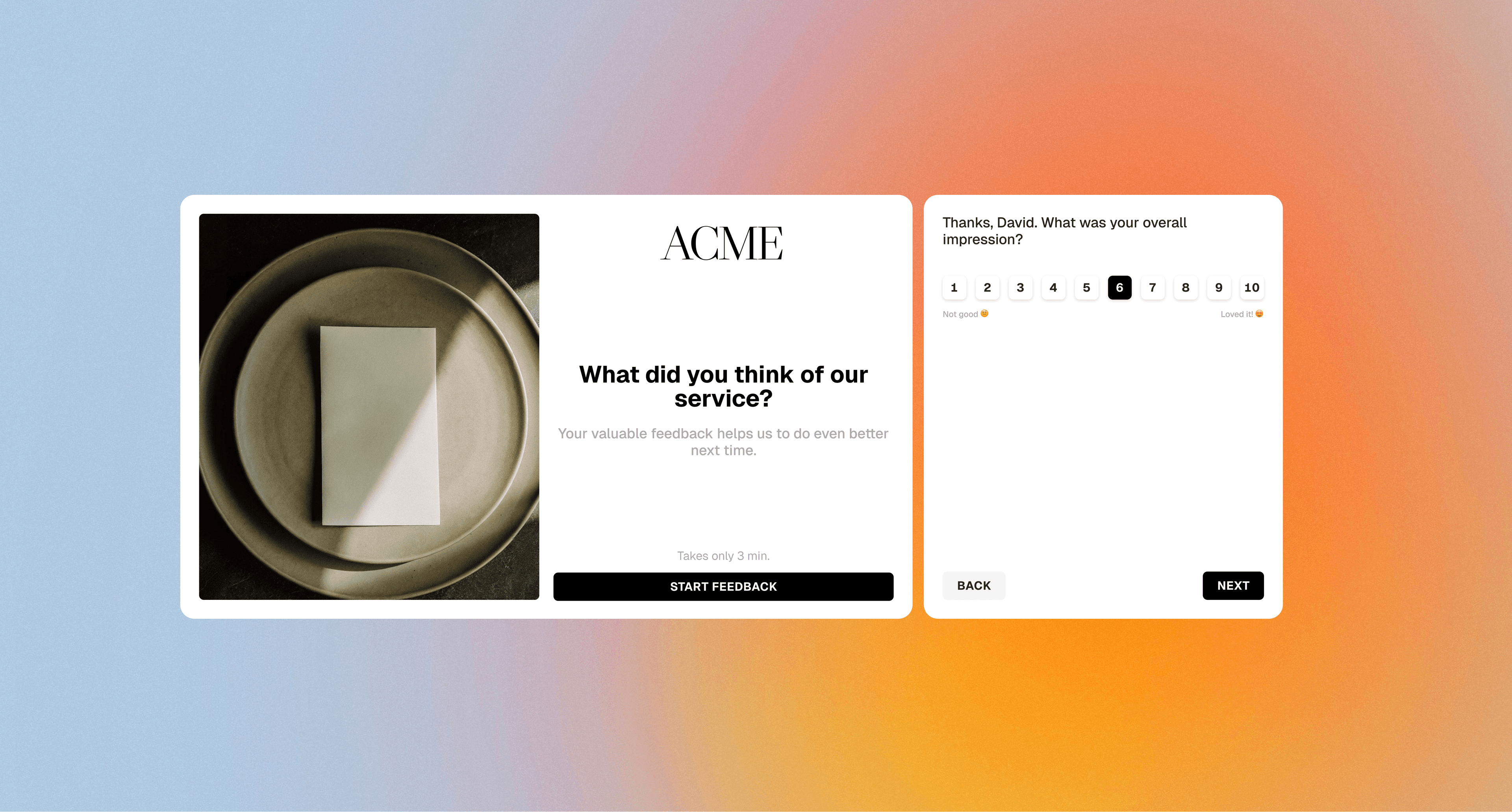 ACME feedback flow cards over a blue and orange gradient