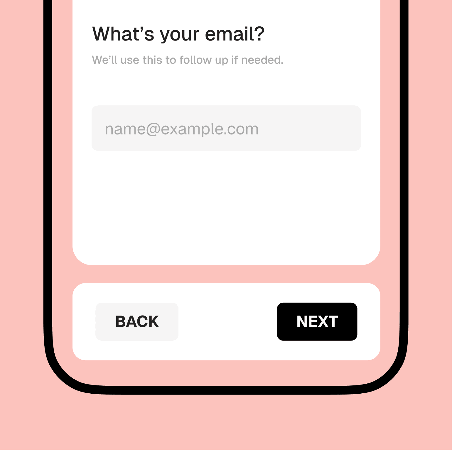 Email capture step on mobile with back and next buttons