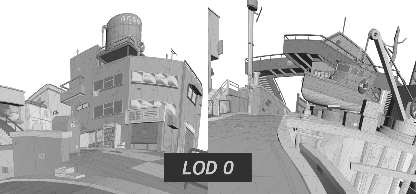 Abeto’s animated wireframe comparison of four levels of detail in Messenger, showing geometry becoming simpler while the scene remains recognizable.